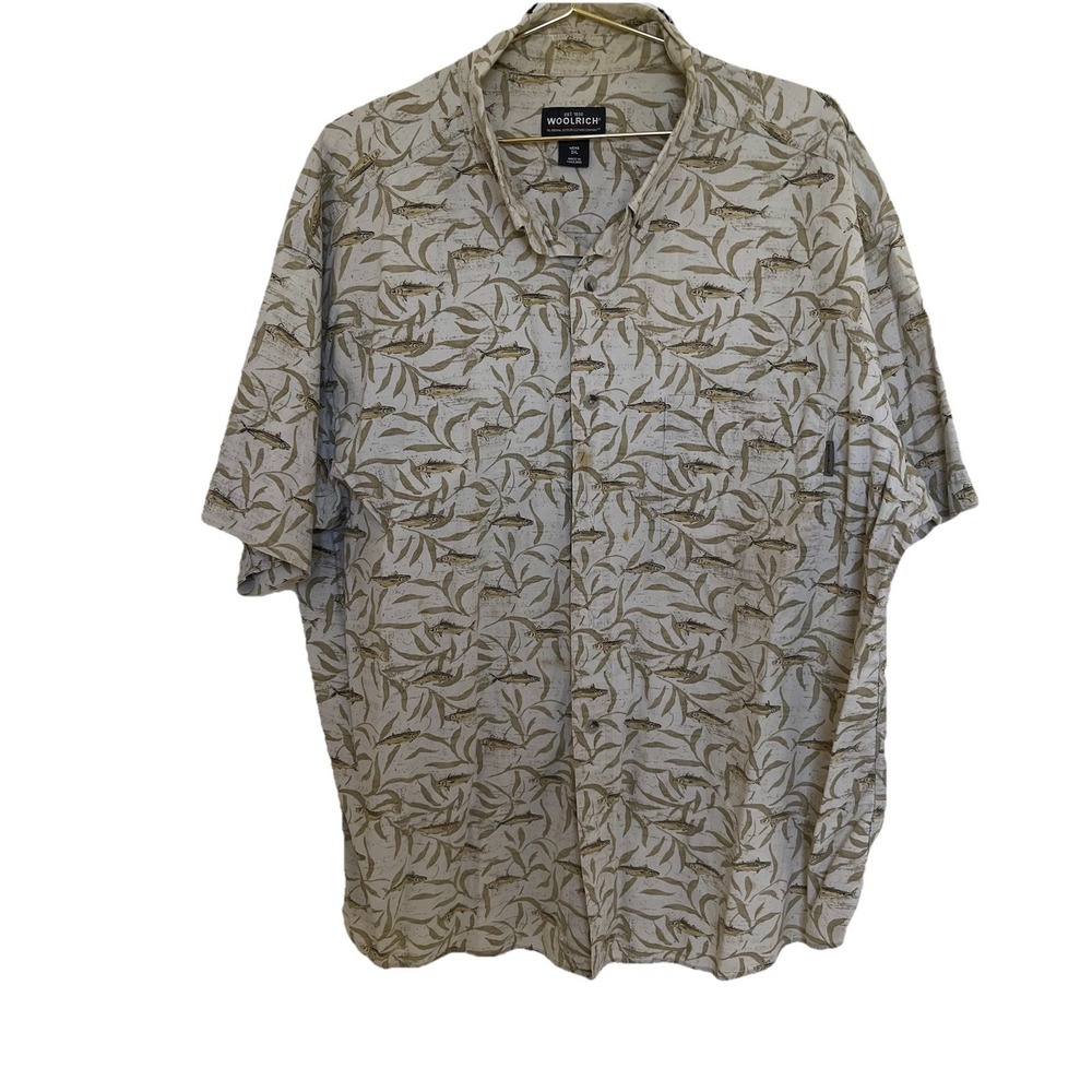 Woolrich 2XL Cotton Fish Print Button-Up Shirt Beige Olive Short Sleeve Casual